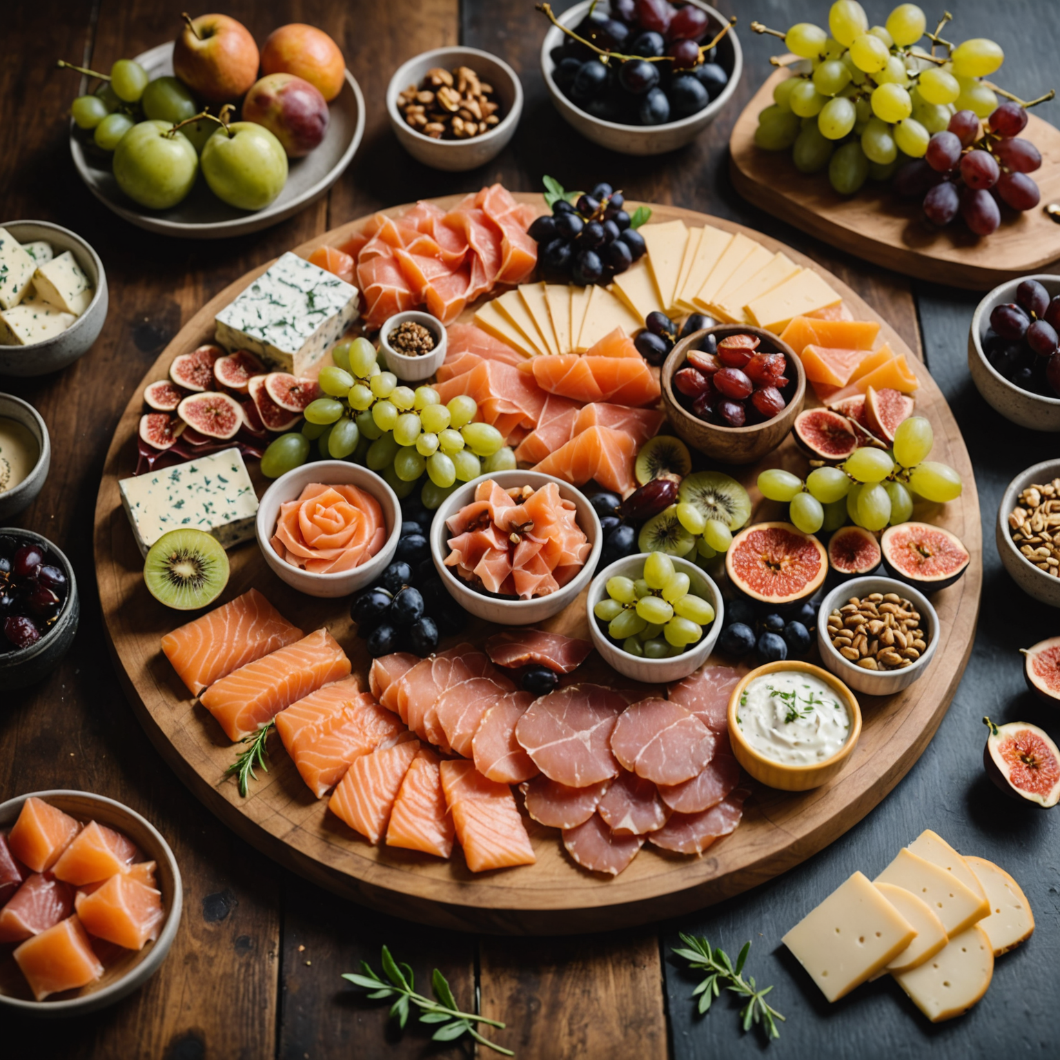 A beautifully arranged charcuterie board featuring Alaskan salmon candy alongside cheeses and fruits.