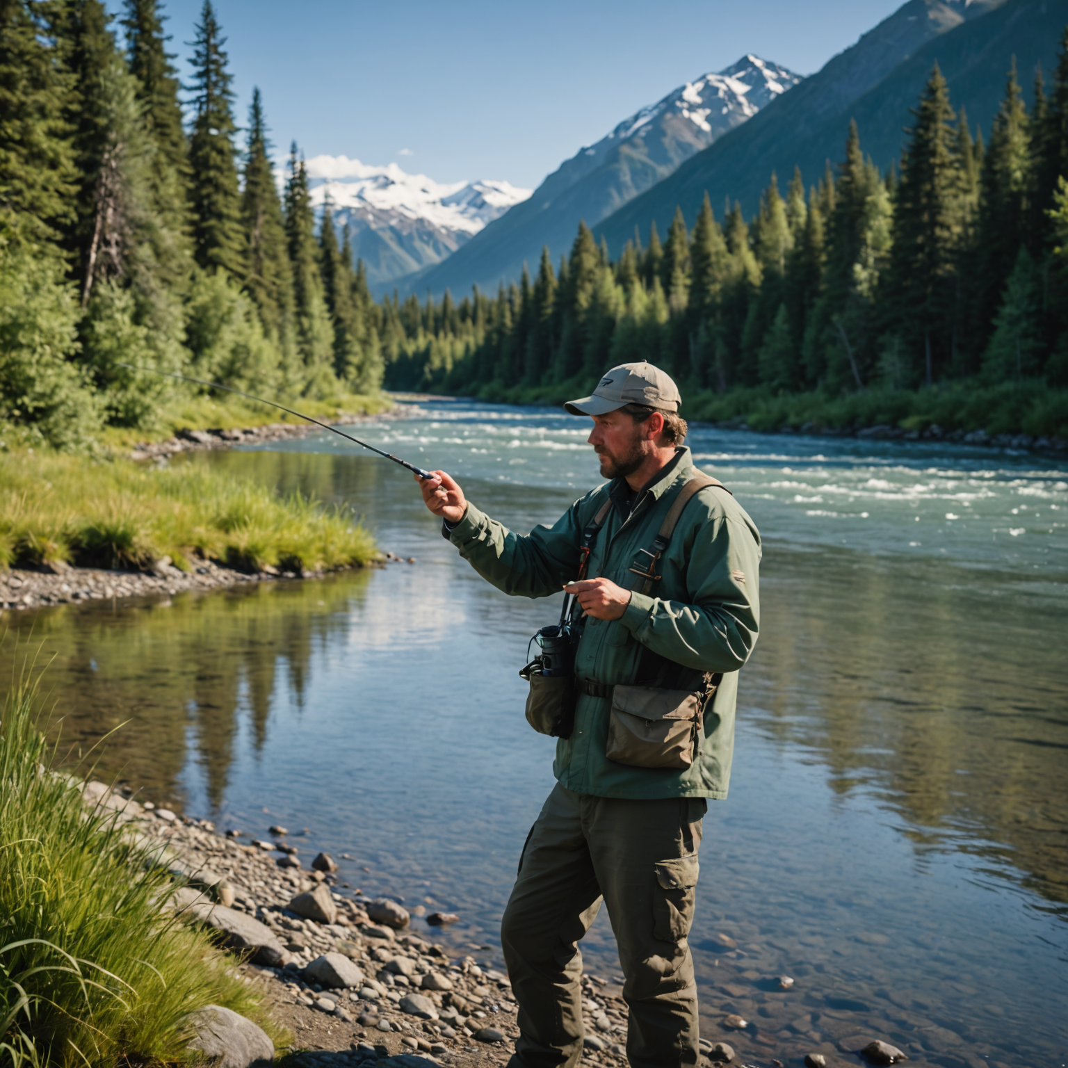 An angler preparing to cast a fishing line baited with Alaskan salmon candy into a pristine Alaskan river.