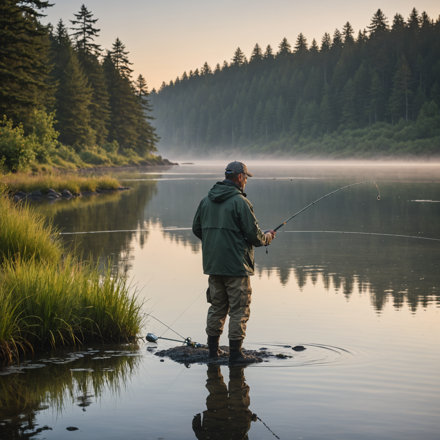An angler using a salmon jig in a tidal estuary