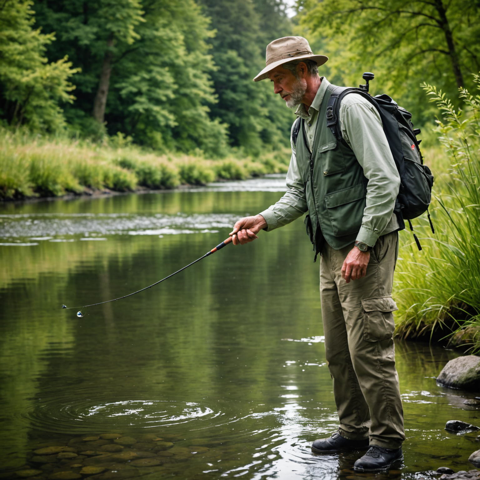 An angler demonstrating the casting and retrieval technique with a salmon spinner.
