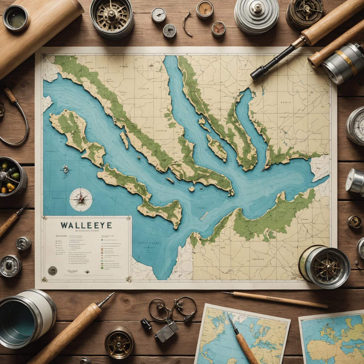 A map showing ideal walleye fishing spots near structures and currents
