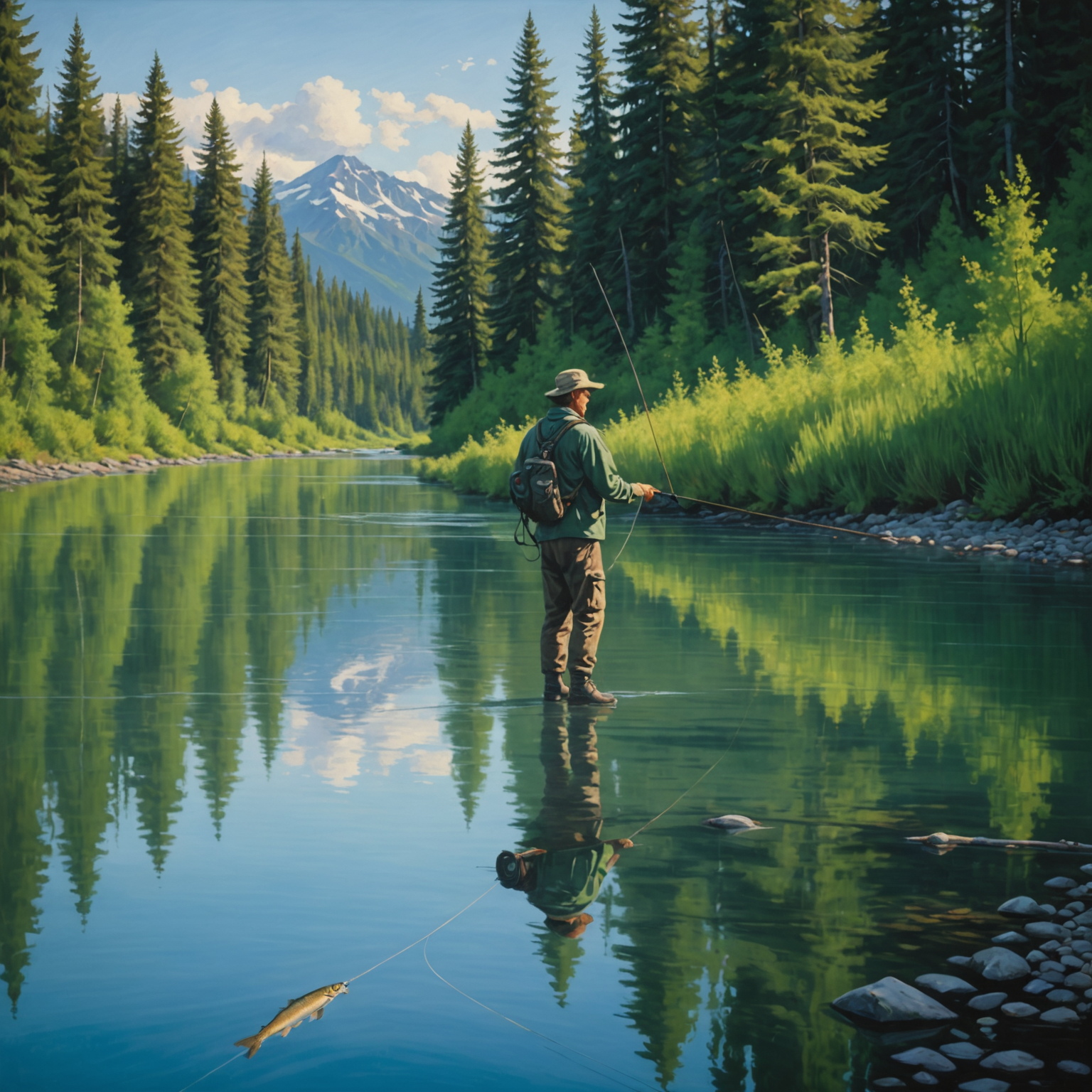 Illustration of an angler fishing for King Salmon in the Kenai River