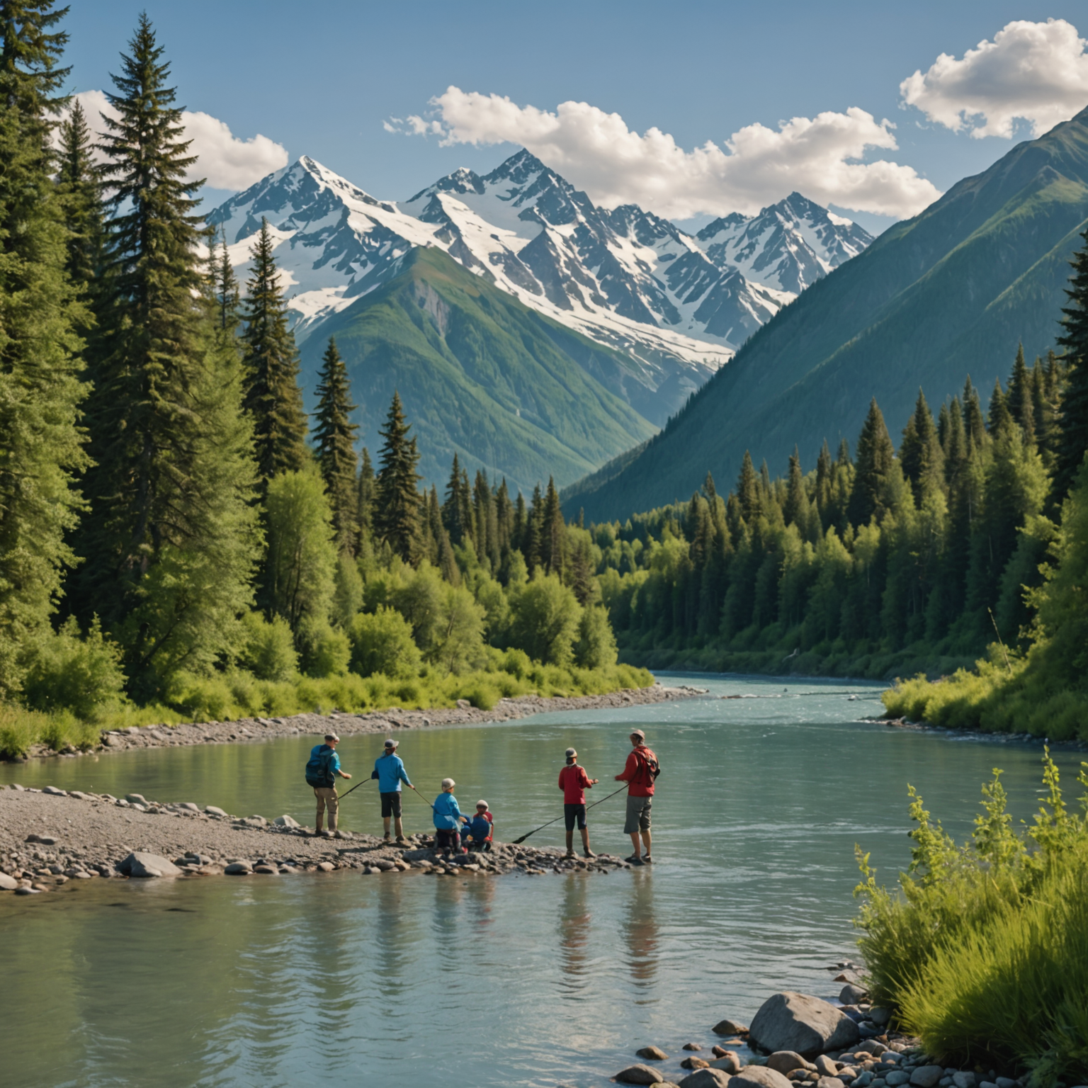 A family fishing on the Kenai River with mountains in the background