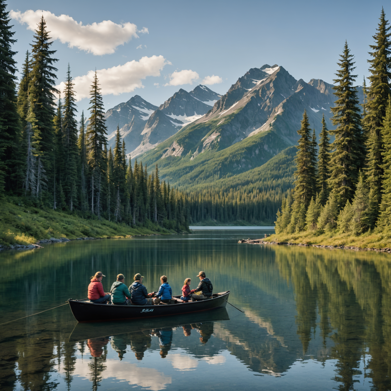 A serene lake with a family fishing, surrounded by Alaskan wilderness