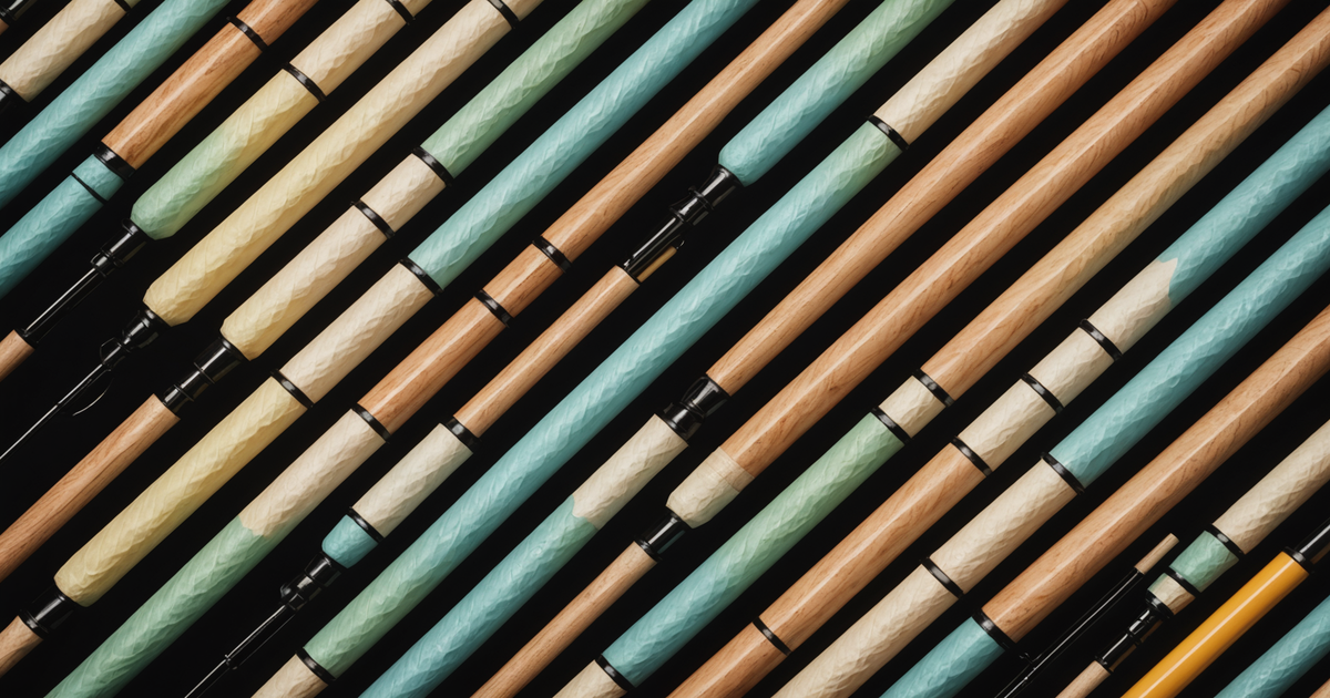 A variety of fishing float rods displaying different lengths and materials.