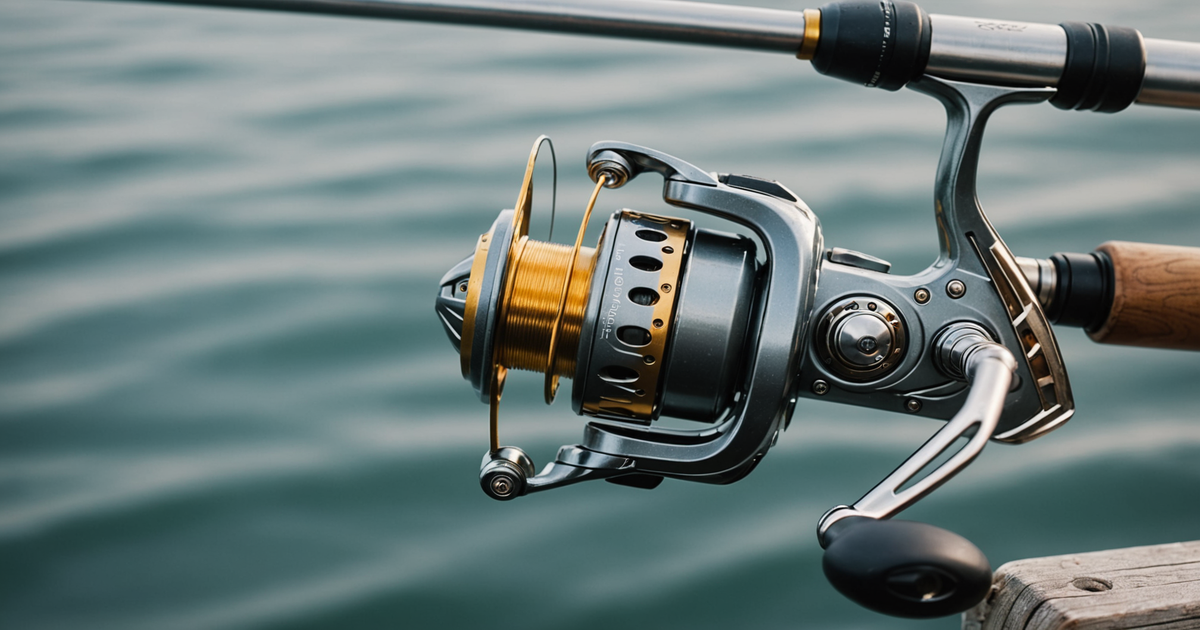 A close-up of a fishing reel attached to a float rod, showing proper alignment and maintenance.