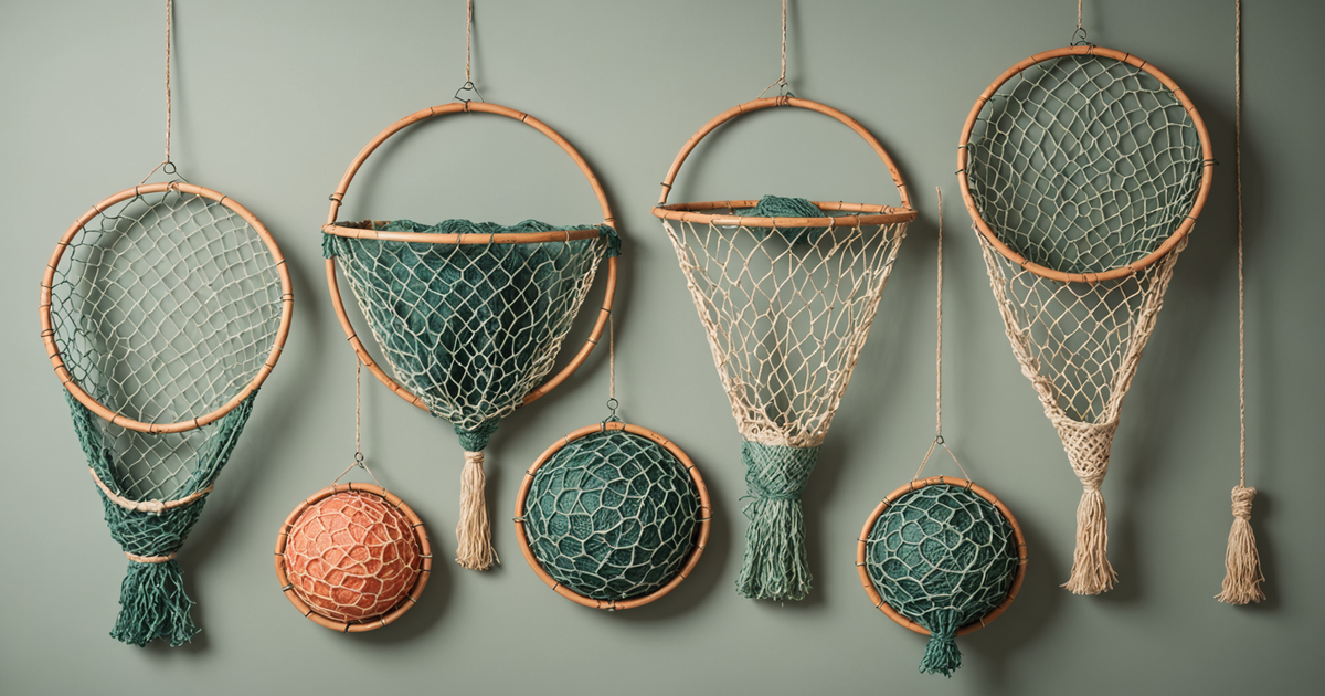 Illustration of different types of salmon fish nets with varying hoop sizes and handle lengths