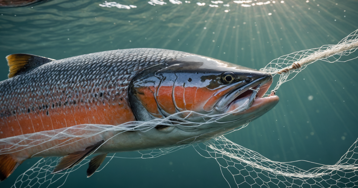 Close-up of a salmon being netted with a rubber-coated net, highlighting the gentle handling of the fish