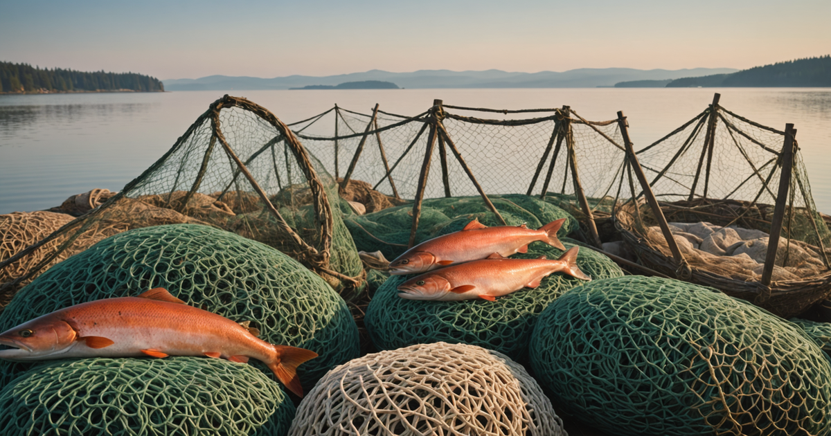 Illustration of different types of salmon fishing nets with varying mesh sizes and materials