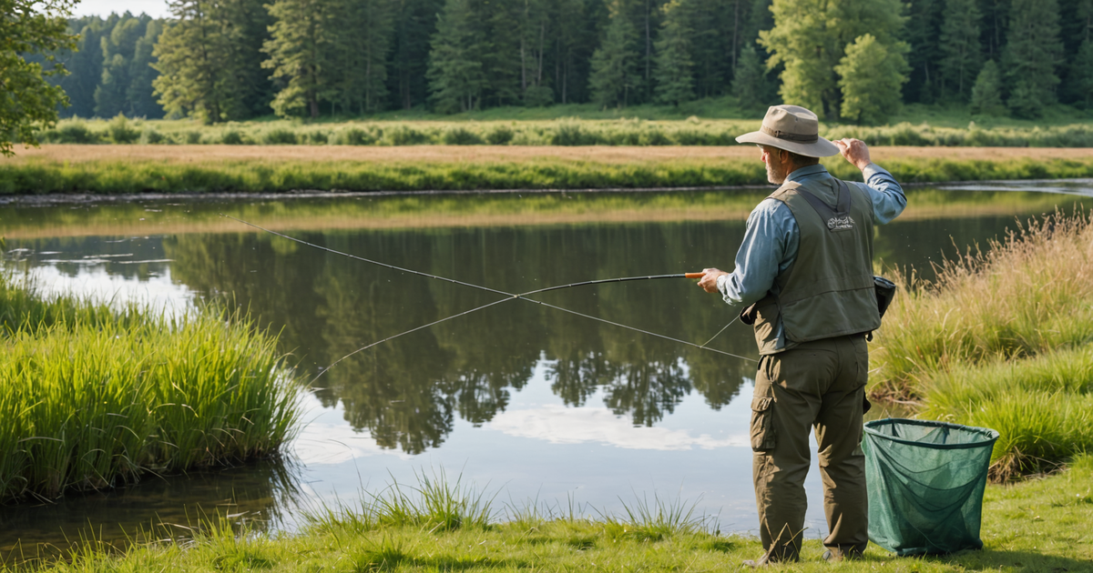 Angler using a collapsible salmon fishing net by a river
