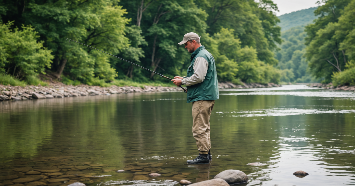 An angler demonstrating the jigging technique in a serene river setting.