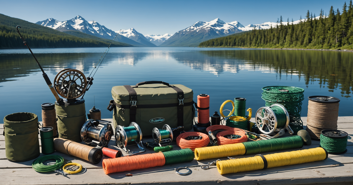 An array of salmon fishing gear laid out, including rods, reels, and flashers, with a backdrop of Alaskan wilderness.
