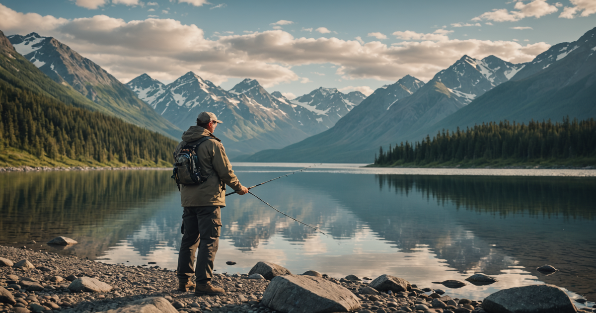 An angler demonstrating the jigging technique in a scenic Alaskan setting