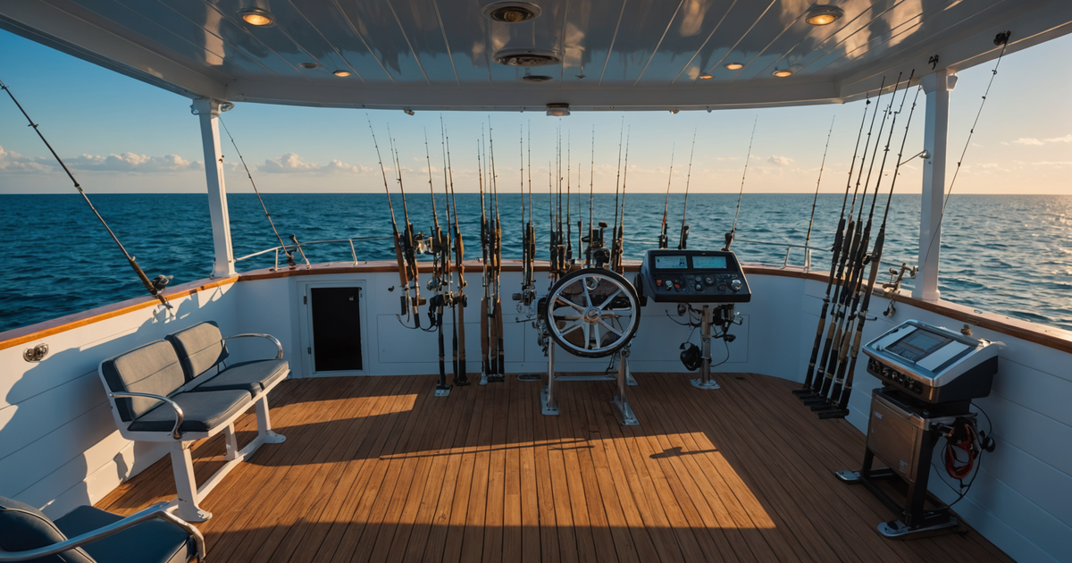A selection of deep sea rods and reels on a boat deck
