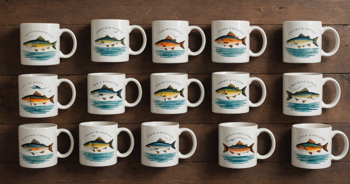 A collection of different types of fishing coffee mugs, each with unique designs and captions.