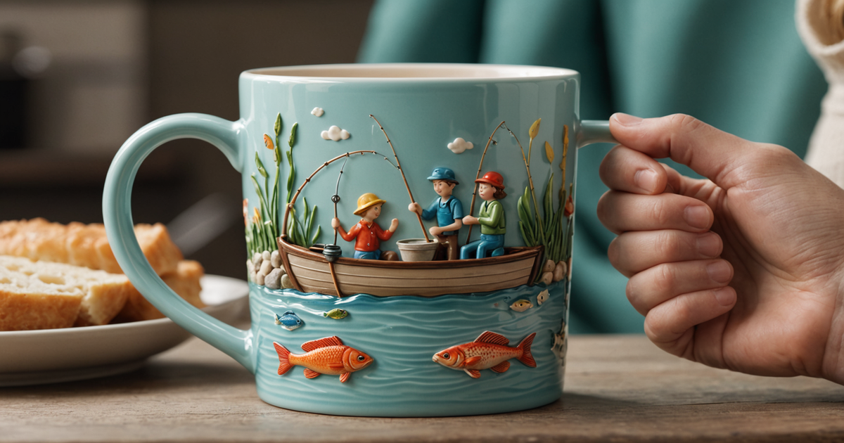 A close-up of a humorous fishing coffee mug being washed gently by hand.