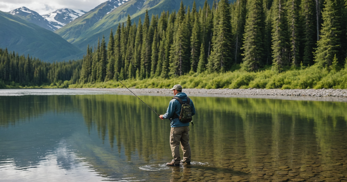An angler fishing in an Alaskan river using a bobber setup