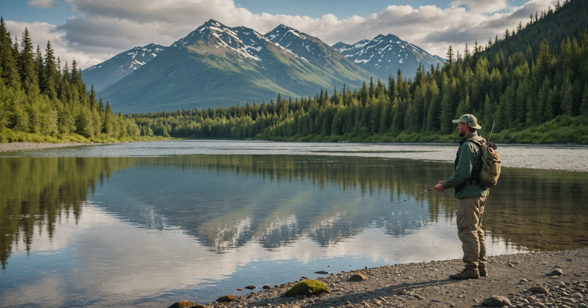 Angler using a salmon landing net in a picturesque Alaskan setting