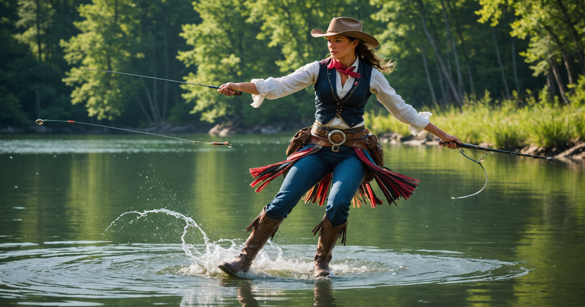 The Cowgirl Double Blade in action, showing its twin blades and bucktail skirt in a natural water setting.