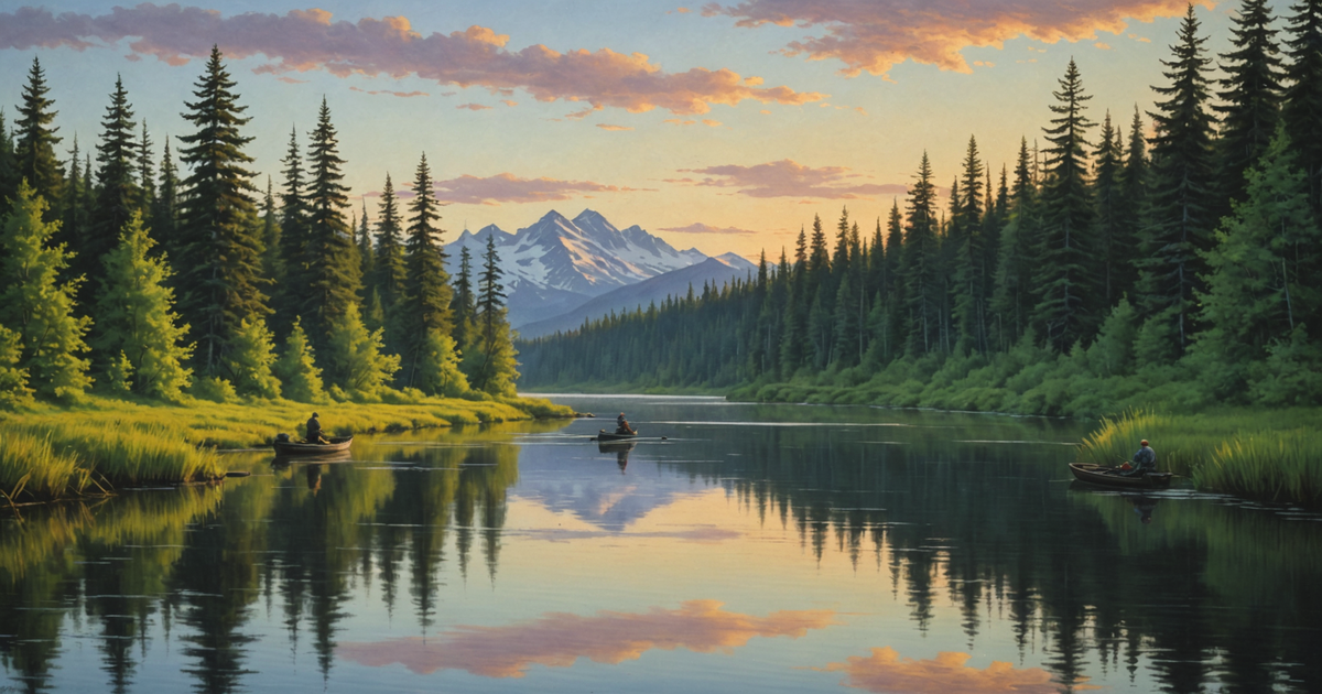 A scenic Alaskan river with anglers fishing in the early morning light.