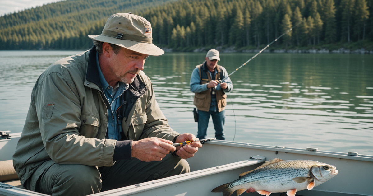 An angler measuring a fish with a measure tape on a boat.