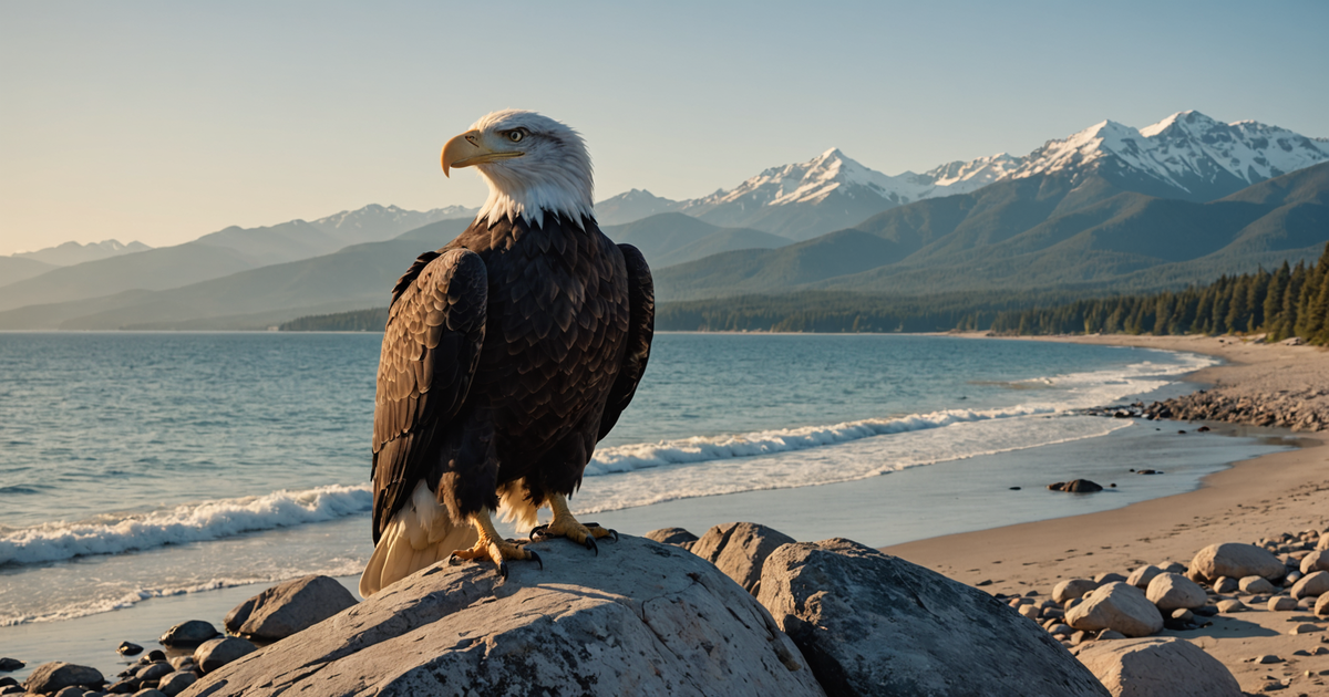 A bald eagle perched majestically at Eagle Beach with a backdrop of mountains