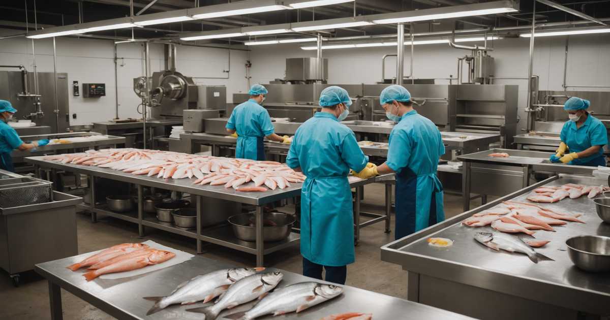A fish processing facility in action, showing the stages of cleaning, filleting, and packaging