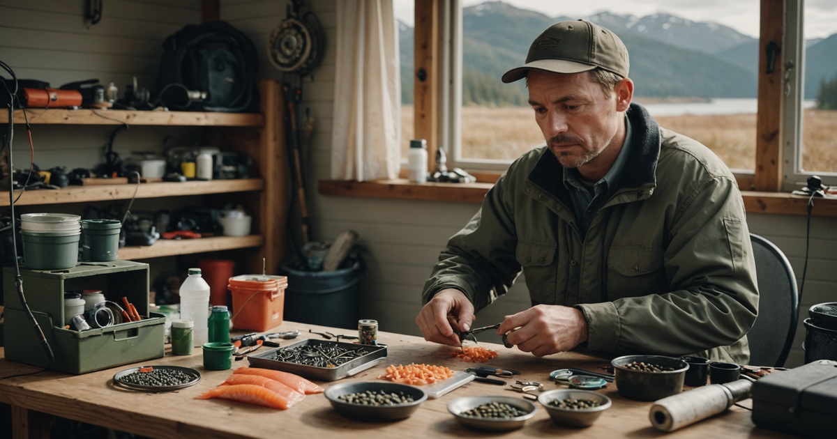 An angler setting up a rig for drift fishing with salmon roe