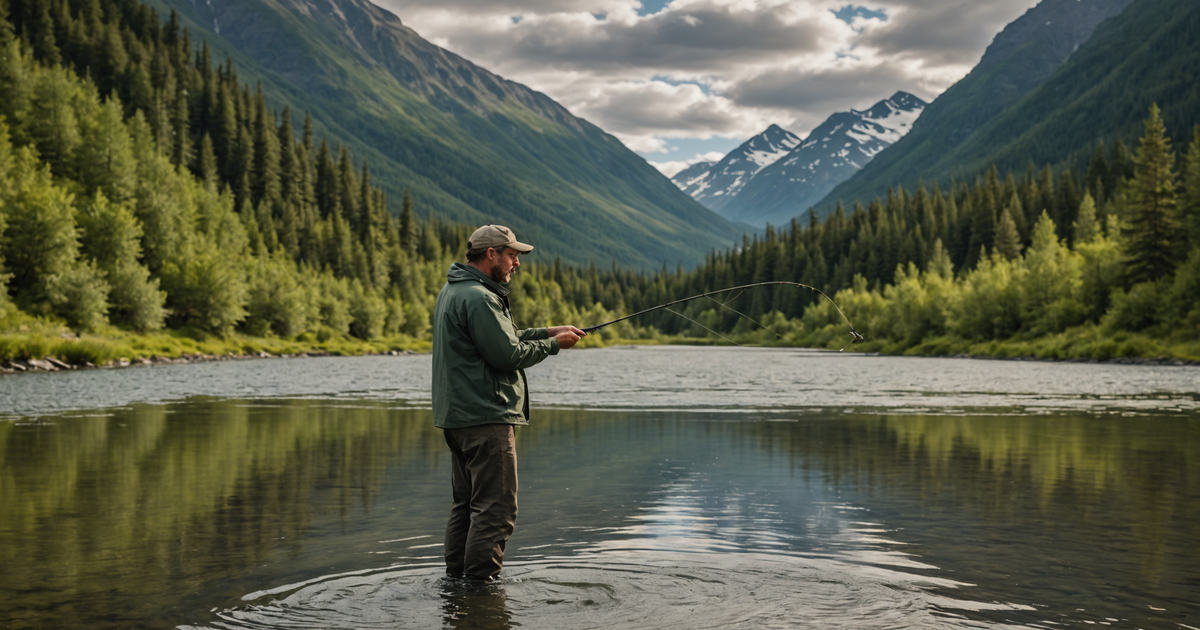 An angler expertly casting a salmon spinner in the Alaskan wilderness.