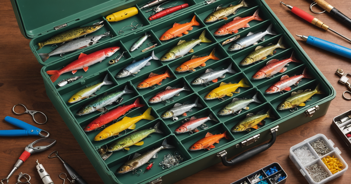 A selection of popular salmon spinners laid out on a fishing tackle box.