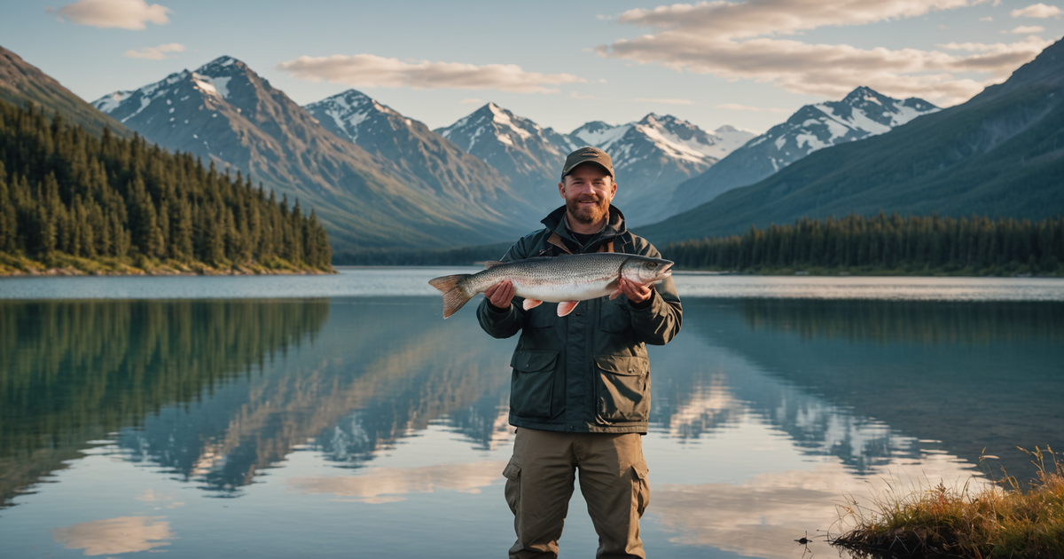 An angler proudly holding a large fish caught using a wobbler fishing lure, with a scenic Alaskan backdrop.
