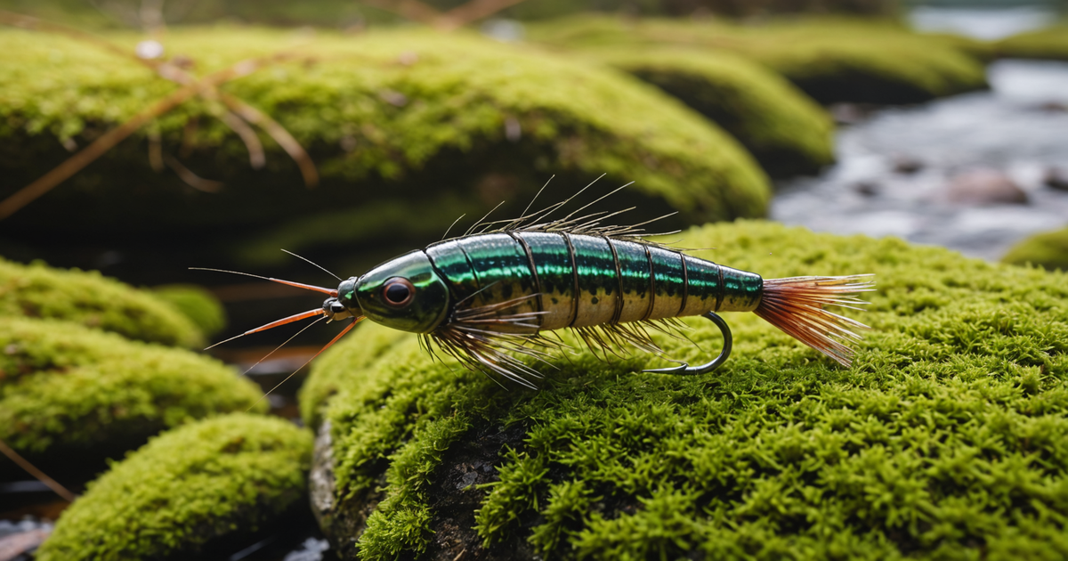 A close-up shot of a fly fishing lure, such as the Egg Sucking Leech, resting on a mossy rock by a riverbank.