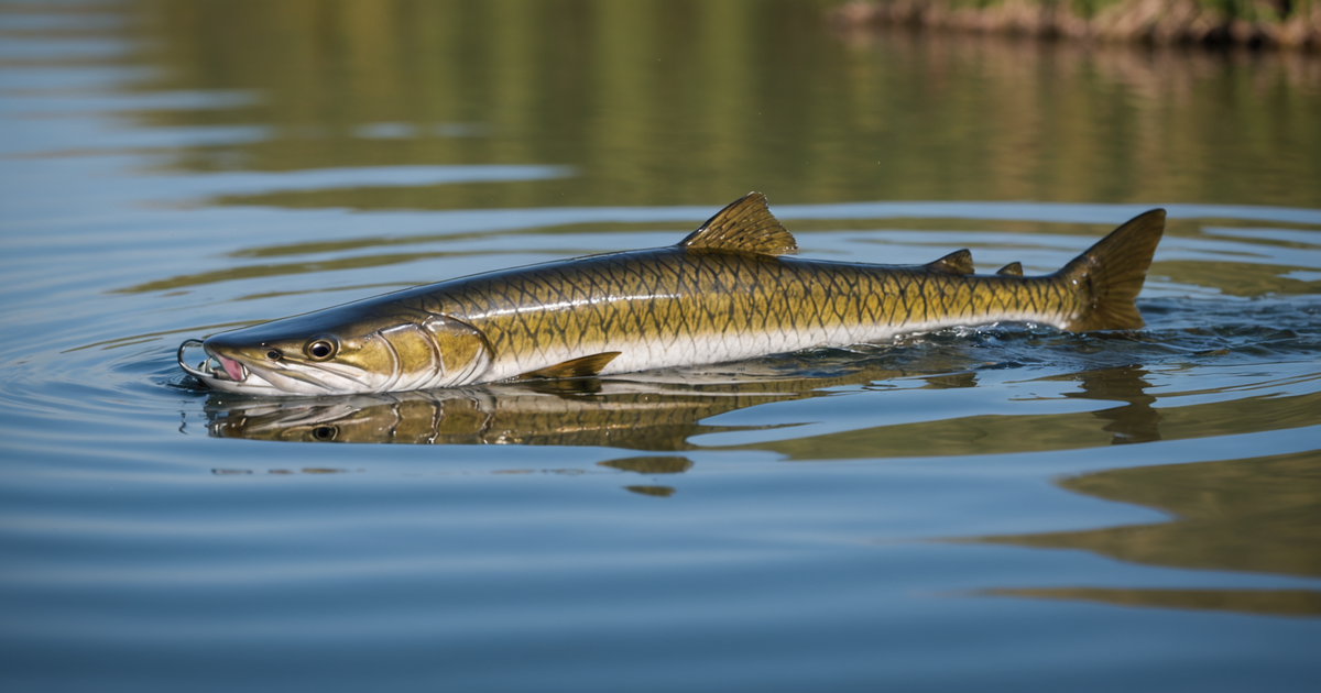 A topwater lure creating ripples on the water surface, with a muskie approaching from below.