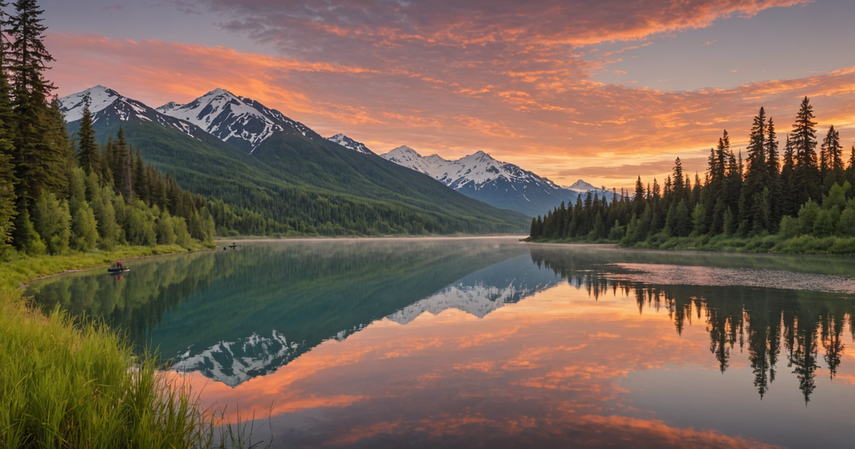 A breathtaking view of the Kenai River with anglers fishing at dawn.