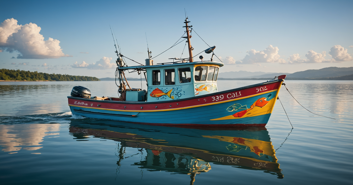 A vibrant fish decal on the side of a fishing boat, showcasing the beauty and detail of the design.
