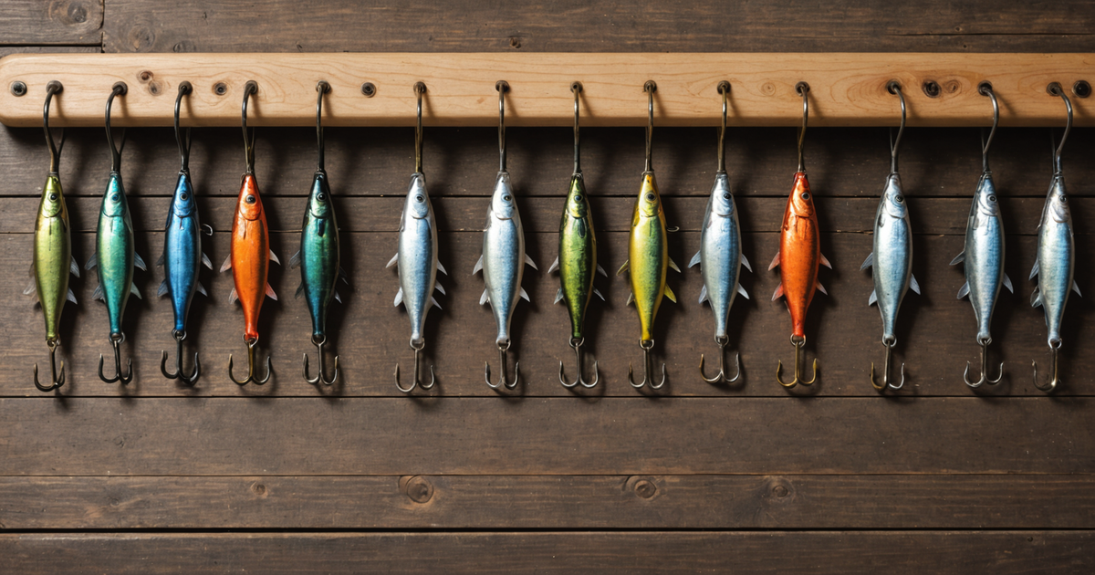 A variety of salmon fishing hooks displayed on a wooden board