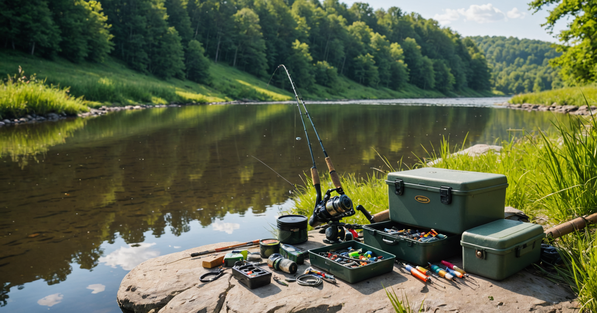 An angler's setup with rods, reels, and tackle box by the riverbank
