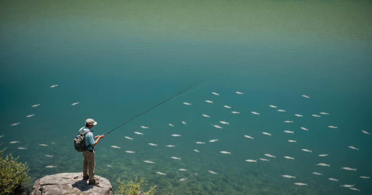 An angler observing a school of baitfish in clear water