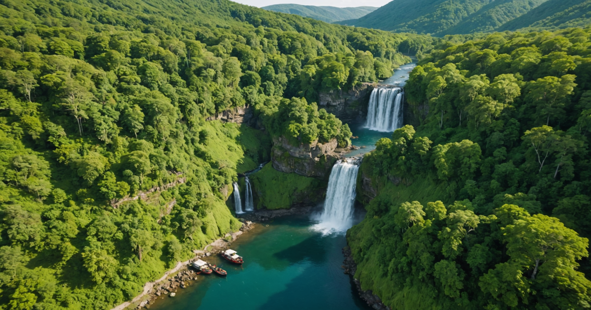 Aerial view of Waterfall Resort with fishing boats and surrounding wilderness