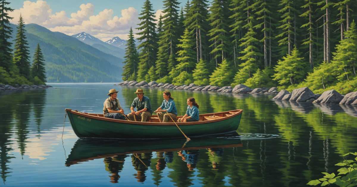 Family fishing from a boat near Ketchikan, surrounded by lush forests