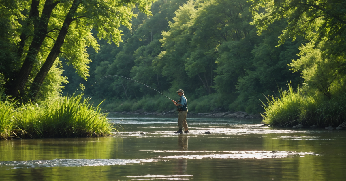 An angler demonstrating the casting technique with spinner blades in a river