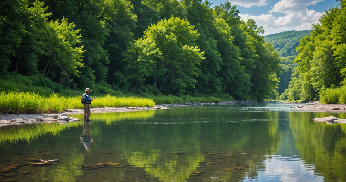 An angler casting a line into a serene river with a backdrop of lush greenery and crystal-clear waters, embodying the perfect setting for trout fishing.