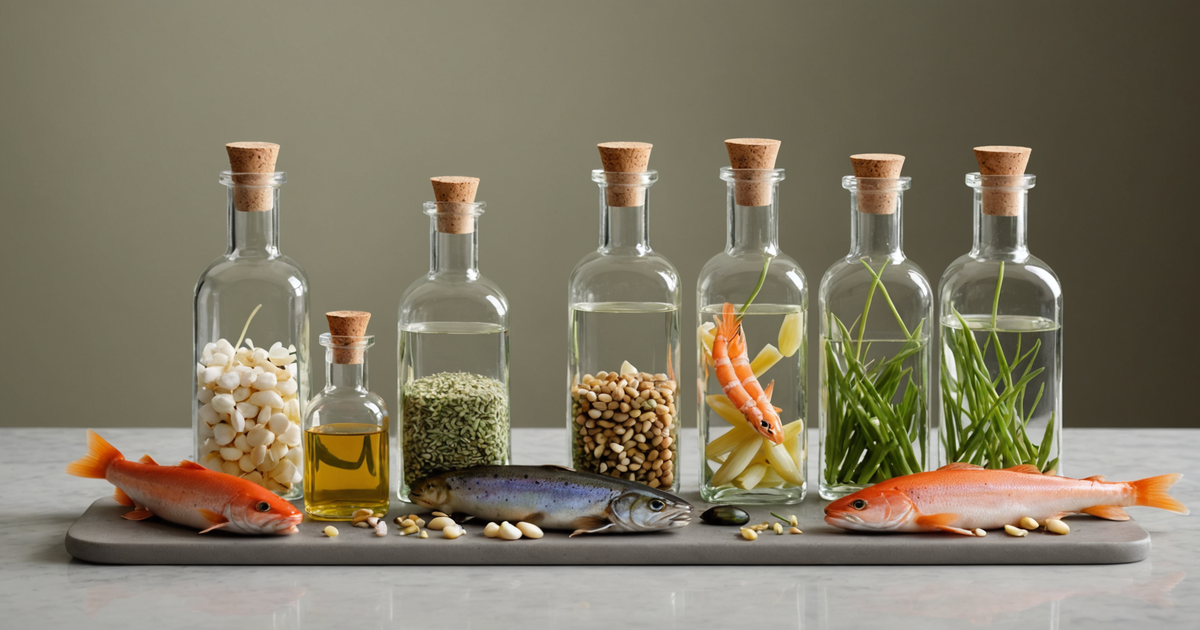 Illustration of various trout scent bottles and ingredients like garlic cloves and shrimp