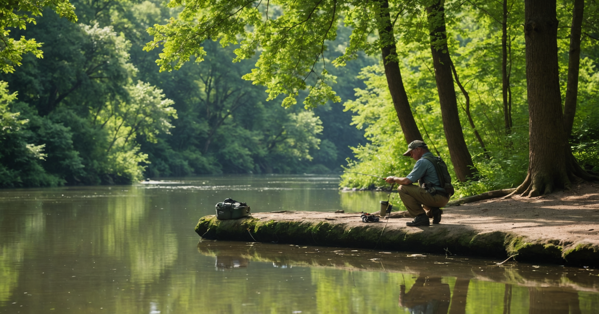 A scenic view of a murky river with an angler applying scent to their lure