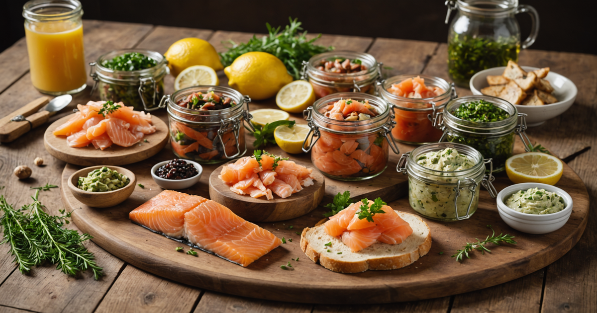 SeaBear Smokehouse products beautifully arranged on a rustic wooden table