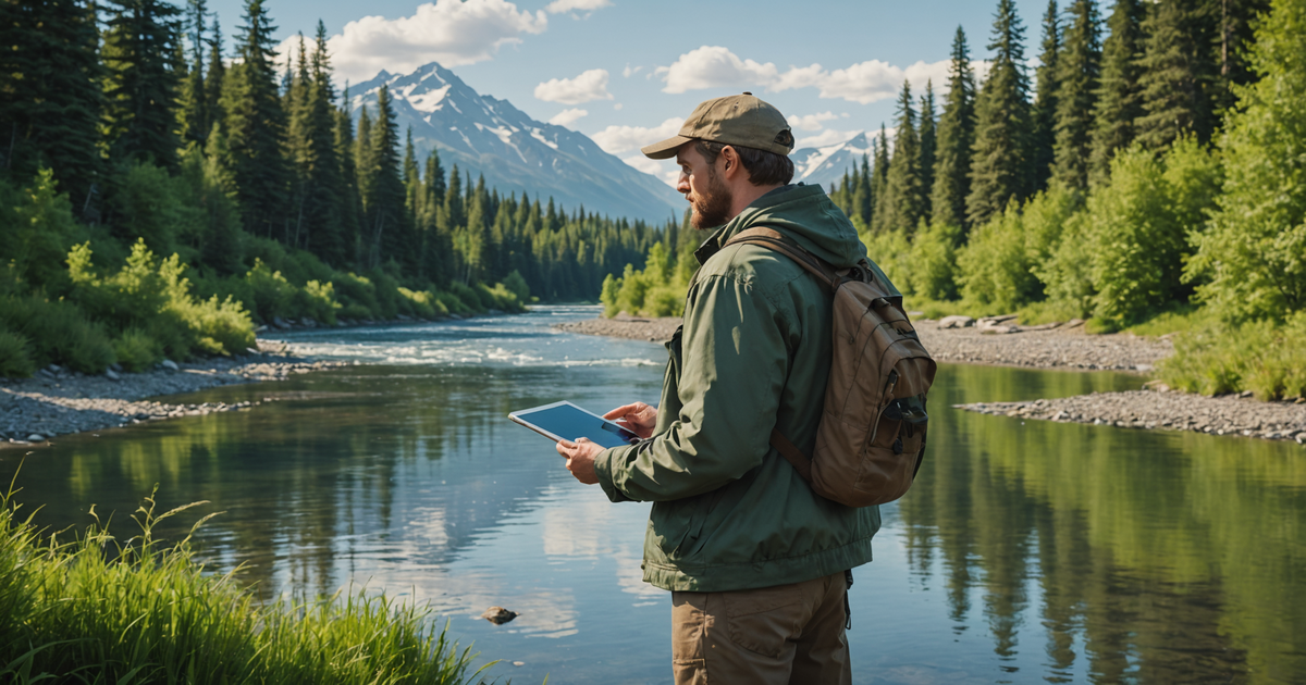 An illustrative image of a fisherman on the Kenai River checking fish count data on a digital device