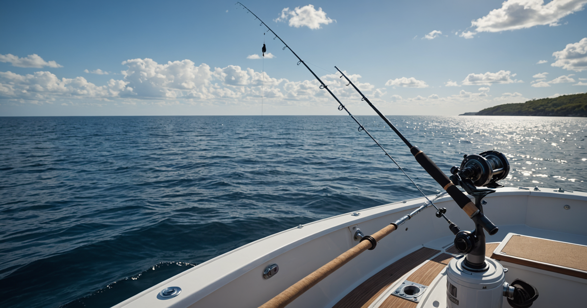 A Penn Squall Combo resting against a boat with the ocean in the background.