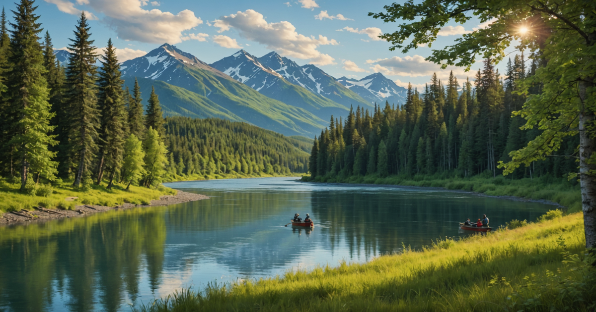 A picturesque view of the Kenai River with anglers fishing from the banks
