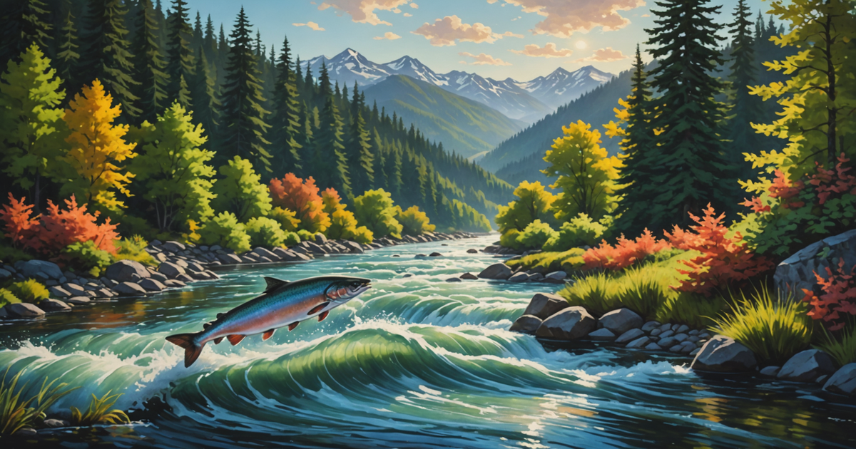 A vibrant river scene during the peak of the salmon run, showcasing multiple species swimming upstream.