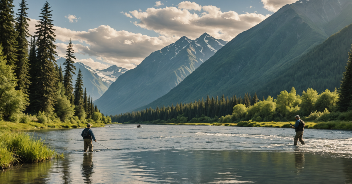 Anglers fishing along a scenic Alaskan river, with salmon jumping in the foreground.